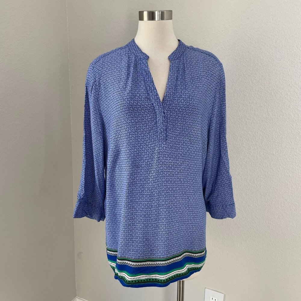 Cynthia Rowley Womens‎ Plus 1X Blue Printed Tunic Top 3/4 Sleeve Shirt Blouse